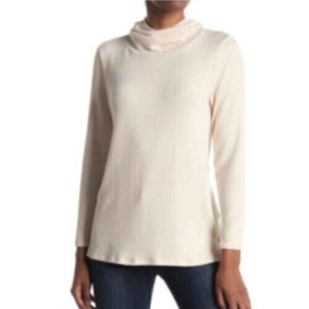 Bobeau Cowl Neck Built-In Face Mask Space Dye Print‎ Sweater In Oatmeal Medium